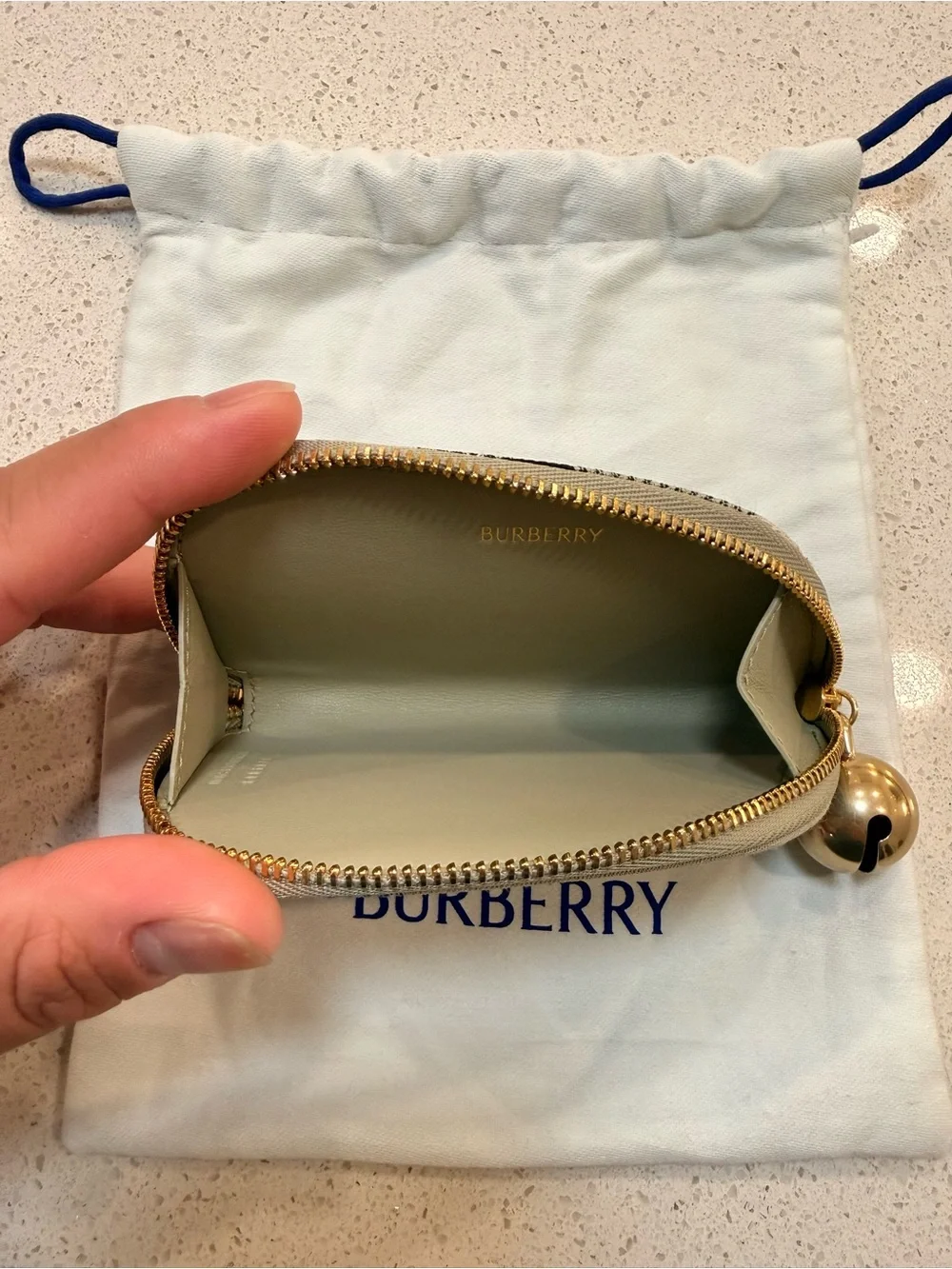 Burberry Beige Coin Pouch/Card Holder with Blue and Black Stripe and Gold Bell